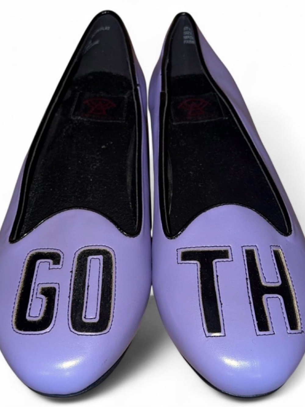 Lavender Slip-On Leather Flats with Black Lettering goth